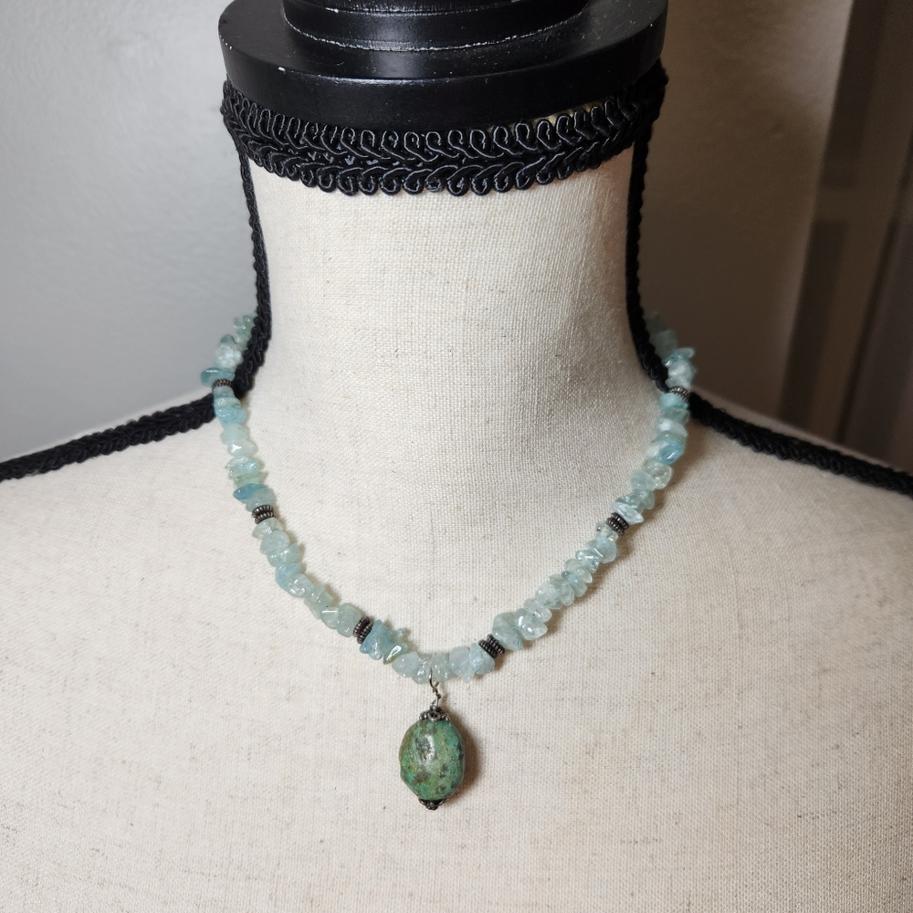 aqua glass chip necklace rough tourqoise pendant aquamarine artisian made Boho